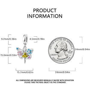 Detailed size chart of the butterfly fairy pendant charm with dimensions and coin scale
