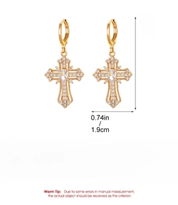 Detailed dimension guide for gold cross earrings with crystal rhinestones and copper material