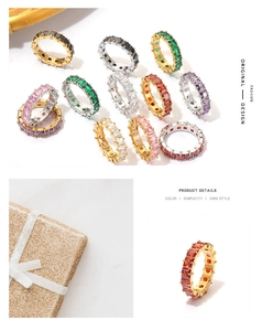 Macro shot of rectangular multi-color zircon inlay on gold and silver plated rings