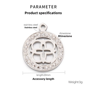 Macro detail of 20mm stainless steel hollow flower pendant with rhinestone inlay