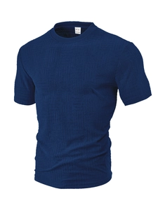 Macro view of navy blue textured mesh fabric and collar detail on men's polo shirt