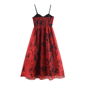 Robe longue en organza à imprimé floral, décolleté en V, motif rouge et noir, taille haute