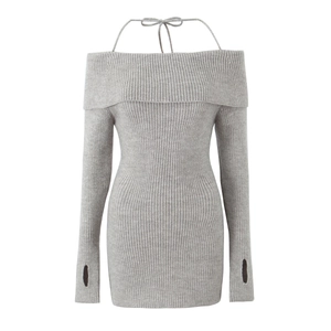 Close-up of light grey ribbed knit dress featuring off-shoulder neck and thumbhole cuffs