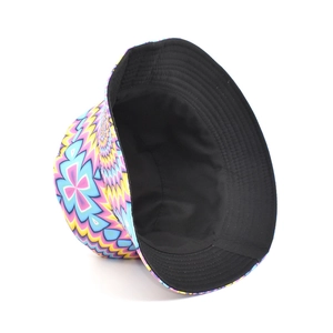 Detail view of colorful psychedelic mandala bucket hat showing interior lining and stitching