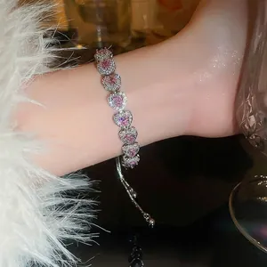 Pink heart crystal bracelet with diamond halo and adjustable silver chain for women
