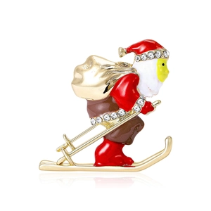 Skiing Santa Claus Brooch Pin Alloy Enamel Rhinestone Christmas Holiday Festival Gift For Women Kids Coat Accessory