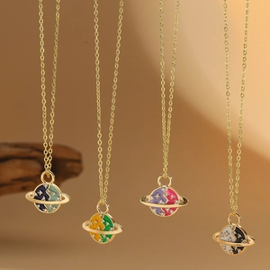 Saturn Planet Pendant Necklace Copper Zircon Enamel Drip Oil Gold Plated Vintage Jewelry For Women Elegant