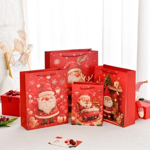 Christmas Gift Bags Red White Cardstock Paper Handheld With Rope Handles Santa Claus Reindeer Patterns Holiday Party Packaging