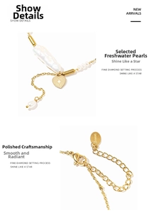 Detail of baroque freshwater pearl necklace with gold heart pendant and lobster clasp