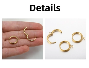 Close-up of golden stainless steel hoop earring components with hanging loops for DIY jewelry