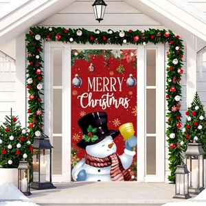 Festive Christmas door banner with snowman and bell, hanging on a white American style door