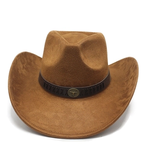 Detail of western suede cowboy hat featuring a leather band and bull head metal buckle