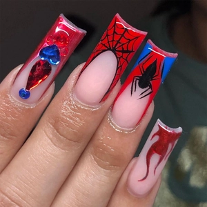 Halloween French Spider Web Press On Nails XXL Extra Long Coffin Fake Nails With Red Blue Rhinestones Gothic Nail Art Decoration
