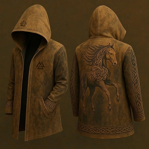 Detail of Viking Valknut symbol and Celtic horse embroidery on vintage brown hooded cape
