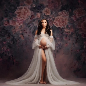 Maternity Photography Dress Tulle Beaded Artificial Pearl Off Shoulder Long Puff Sleeve Pregnancy Gown Photo Shoot