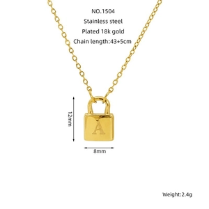Detail showing 18k gold plated stainless steel padlock pendant with letter A engraving
