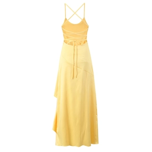 Detailed back view of yellow satin maxi dress featuring sexy criss-cross tie-up design