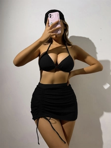 Sexy black halter neck bikini set with drawstring ruched skirt for beachwear