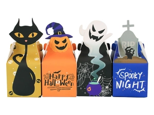 Macro shot of Halloween gift boxes featuring black cat, pumpkin, ghost, and tombstone designs