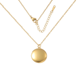 Macro detail of gold-plated 316L stainless steel round locket with lobster clasp closure