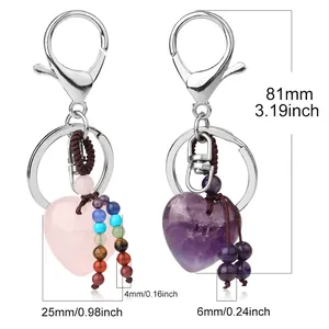 Handmade heart natural crystal stone keychain set with dimensions and braided tassel