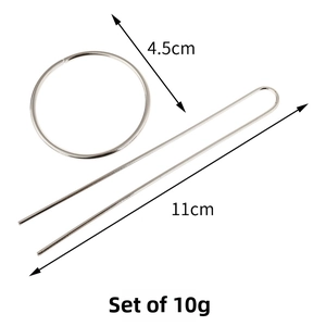 Detailed view of silver metal U-shaped hair pin and circular ring set with dimensions