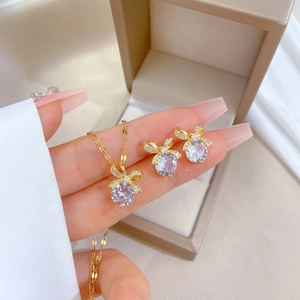 Bowknot Necklace Earrings Titanium Steel Silver Earring Post Gold Plated Purple Cubic Zirconia Elegant Fashion Women