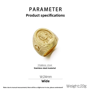 Detail view of gold stainless steel religious ring featuring Jesus relief and cross symbols