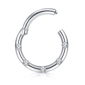 Detail of 316L stainless steel seamless ring featuring six inlaid round diamonds