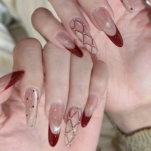 Elegant Almond Press On Nails Handmade Cat Eye Wine Red French Design Plaid Patterns Artificial Pearl Accents Artificial Manicure