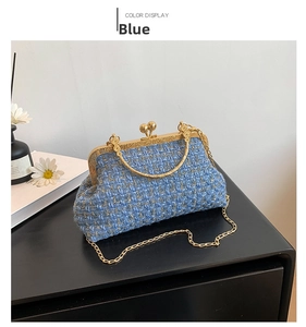 Blue tweed shell evening bag with vintage metal clasp and elegant gold chain strap