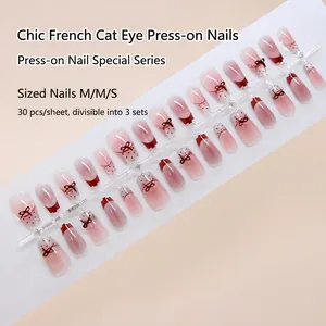 Press On Nagels Kattenoog Frans Roze Verloop Met Strik Stip ABS Plastic Kunstnagels