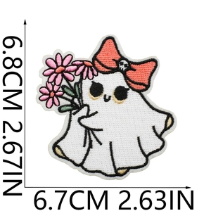 Detailed embroidery patch dimensions for Halloween white ghost with pink floral patterns