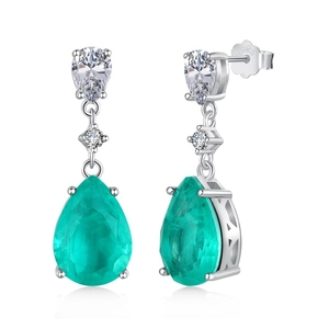 Luxurious 925 sterling silver earrings with pear-shaped green stones and white zircon