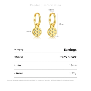 Detailed view of S925 silver hoop earrings with blue gemstone coin pendant and measurements