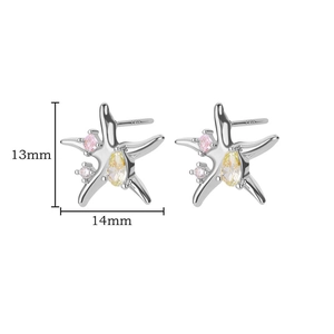 Detail of 925 silver starfish earrings with pink and yellow cubic zirconia stones