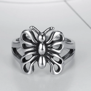 Vintage gothic hollow butterfly ring in silver finish for women's statement jewelry