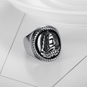 Vintage silver mens signet ring featuring nautical sailing ship relief and rope textured sides