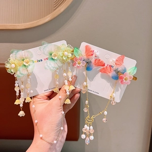 Traditional Chinese butterfly hair clips with long tassels and pearls for girls