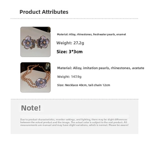 Detailed size and material specs for vintage flower pearl necklace and earring set