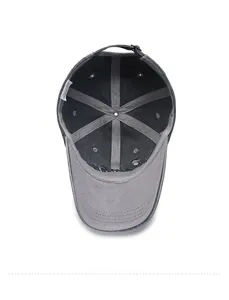 Internal view of a washed grey cotton baseball cap with six-panel structure and metal buckle