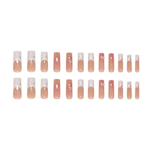 Pink and white gradient long coffin press-on nails with 3D pearls and star glitters