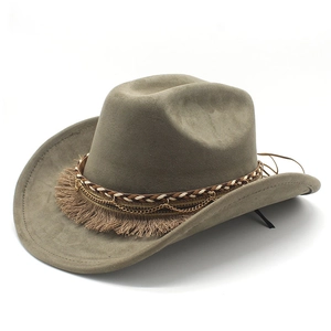 Olive green faux suede cowboy hat with braided tassel band and golden chain accents
