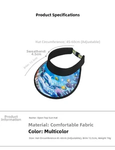 Detailed size chart of dolphin print sun hat showing 12.5cm brim and sweatband