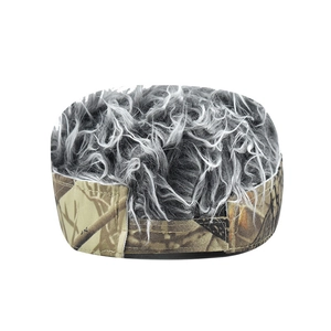 Camo baseball hat with grey synthetic hair wig on top for outdoor fun use