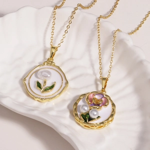 Detail of elegant oil painting style flower pendants with natural freshwater pearls