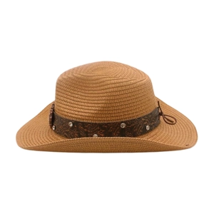 Detail view of a breathable straw sun hat featuring a studded ethnic paisley band decoration