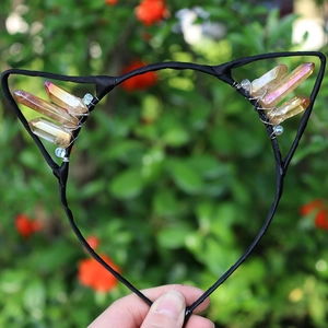 Handmade cat ear headband with crystal quartz crown and black metal frame for party