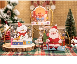 Three Christmas PVC gift boxes featuring Santa, Snowman, and Reindeer with gold handles