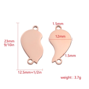 Pendentifs cœur en acier inoxydable or rose poli avec marquages de dimension